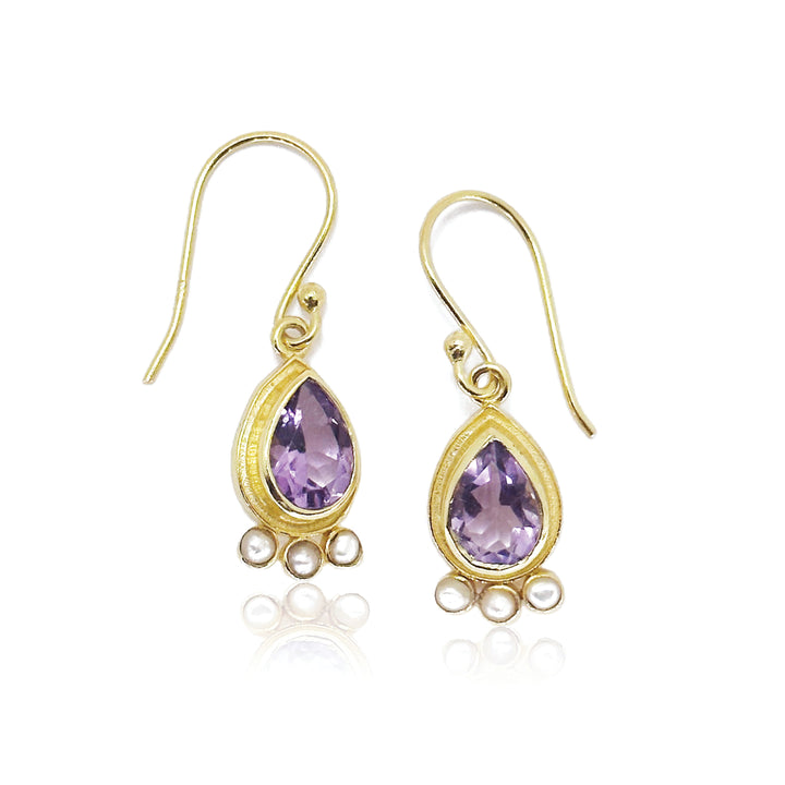 Amethyst Pearls Gold Earrings