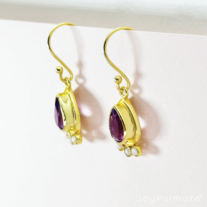 Amethyst Pearls Gold Earrings
