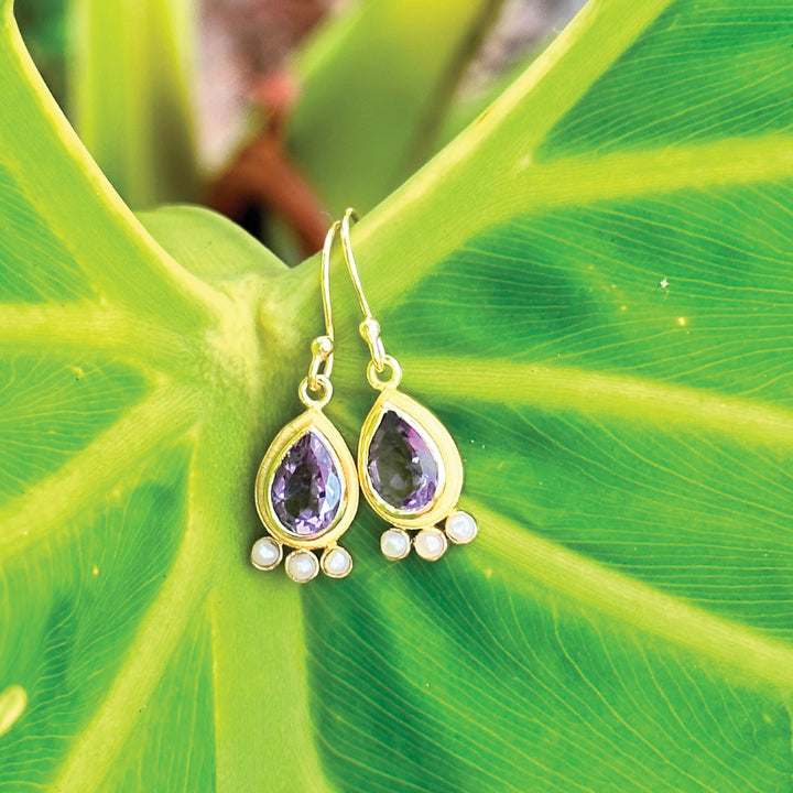 Amethyst Pearls Gold Earrings
