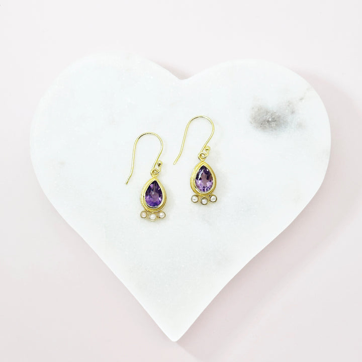 Amethyst Pearls Gold Earrings
