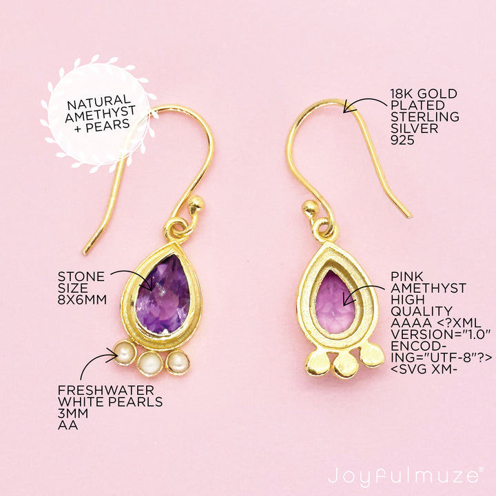 Amethyst Pearls Gold Earrings