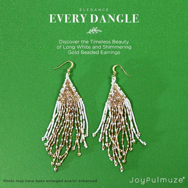 Beaded Bohemian Earrings in White and Gold