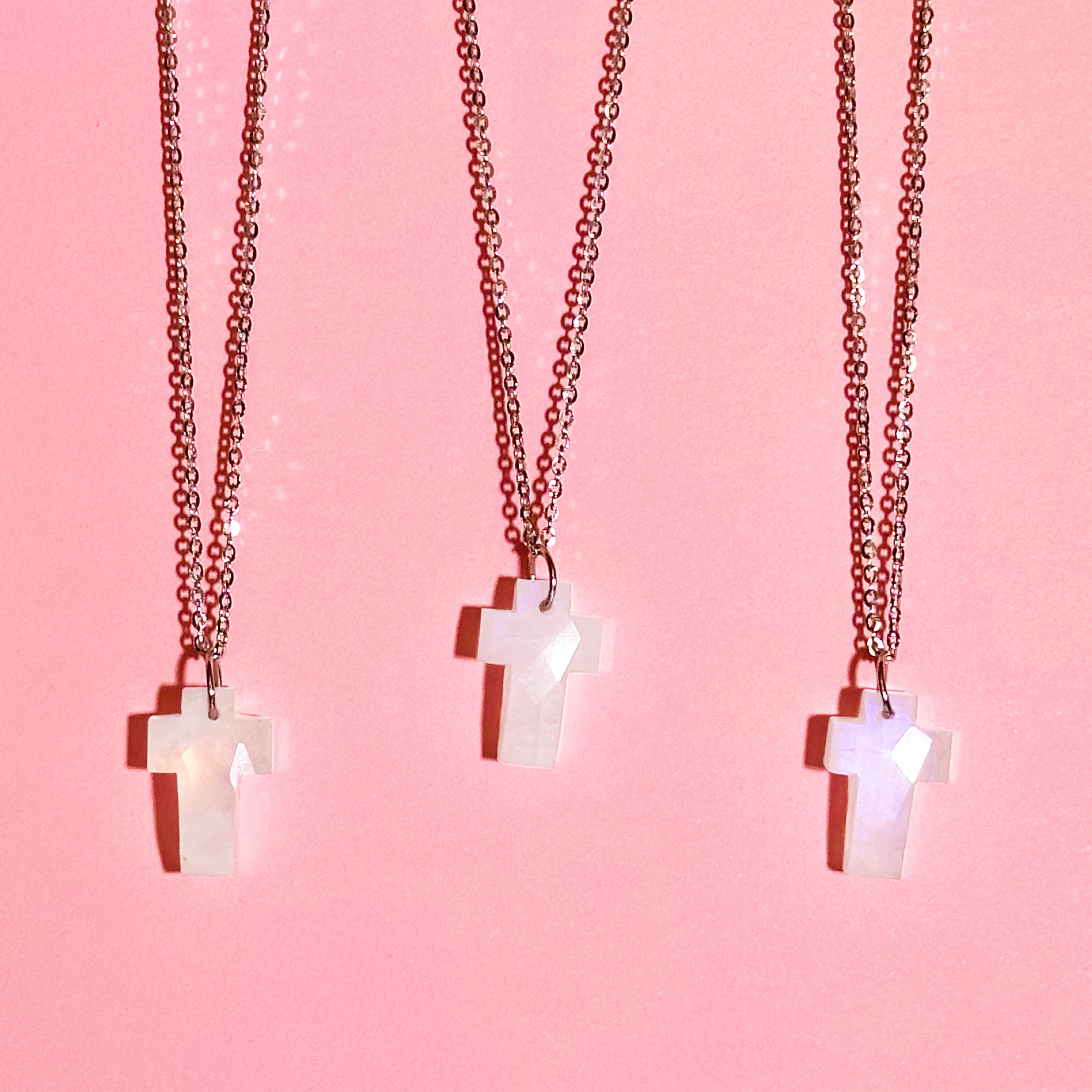 Rainbow Moonstone Cross Handmade Sterling Silver Necklace by