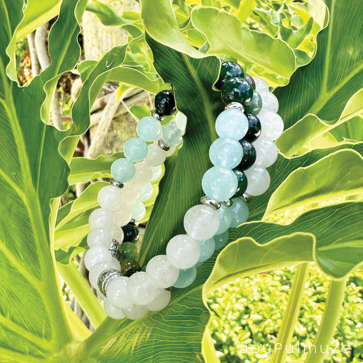 White Marble, Aquamarine and Moss Agate