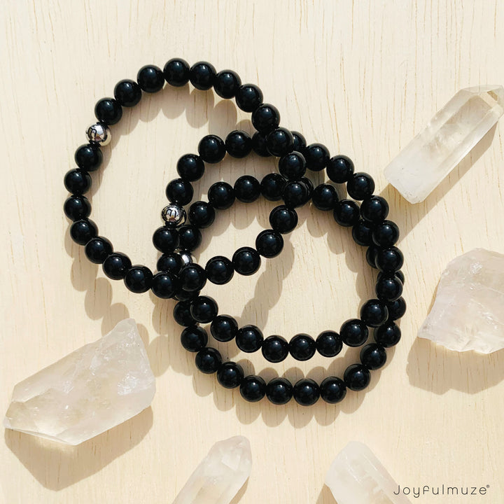 Joyfulmuze Crystal Vibe 8mm Black Obsidian Bracelet - Elastic Adjustable Crystal Bracelet for Spiritual Healing, Positive Energy – Black Bead Bracelet for men women