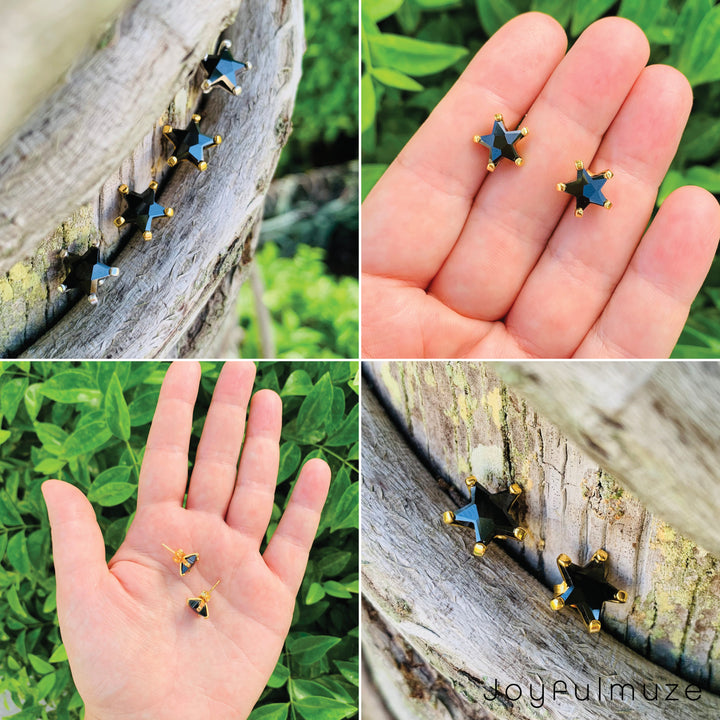 Black Tourmaline Star Studs in Gold