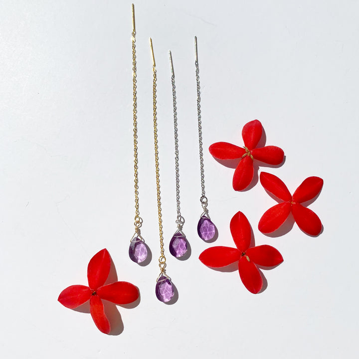 Natural Amethyst Faceted Drops Silver 925 18K Gold  Earrings Long Chain