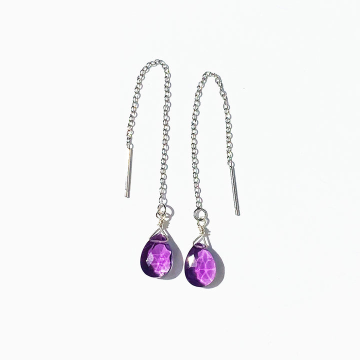 Natural Amethyst Faceted Drops Silver 925 Earrings Long Chain