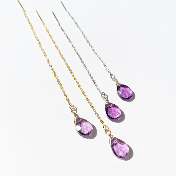Natural Amethyst Faceted Drops Silver 925 Earrings Long Chain