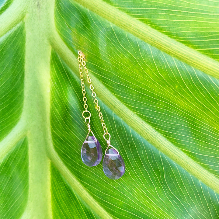 Natural Amethyst Faceted Drops Silver 925 18K Gold  Earrings Long Chain