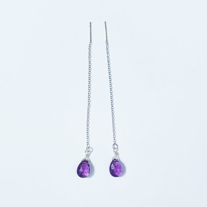 Natural Amethyst Faceted Drops Silver 925 Earrings Long Chain