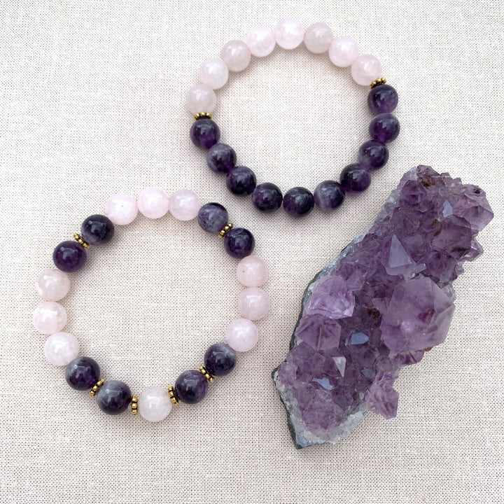 Amethyst and Rose Quartz Bracelet, 2pcs