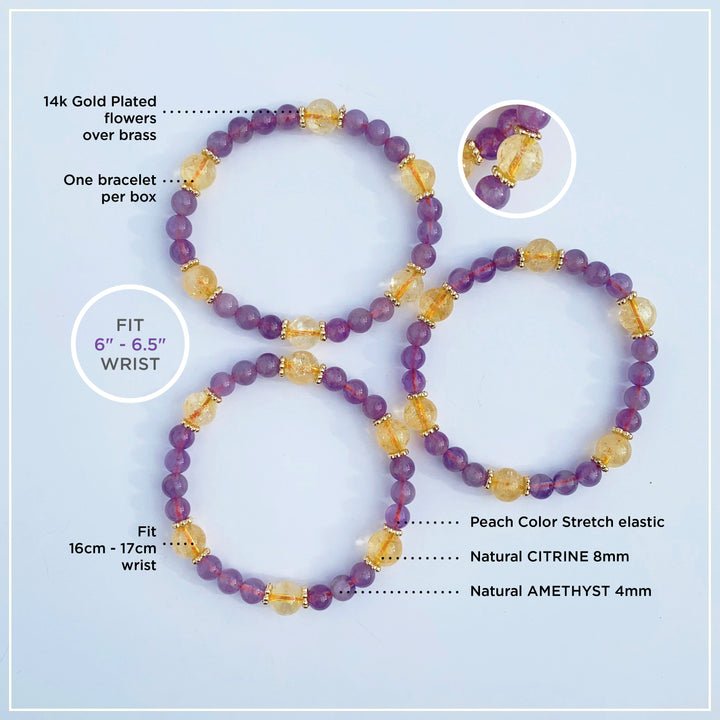 Joyfulmuze Natural Amethyst Citrine Stretch Bracelet, Medium to Large Wrist