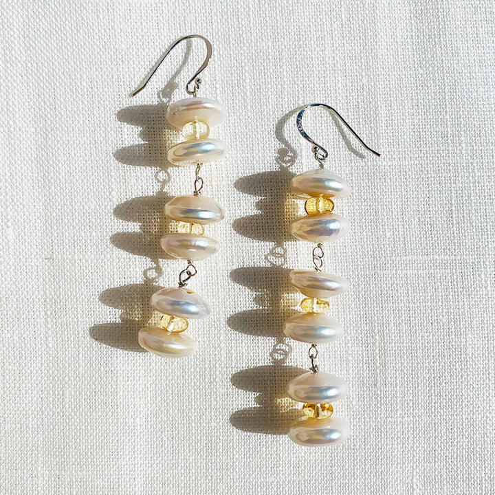 Joyfulmuze Genuine Citrine Pearl Long Earring, Sterling Silver 925 Jewelry, Dangle Drop Elegant Gift for Women