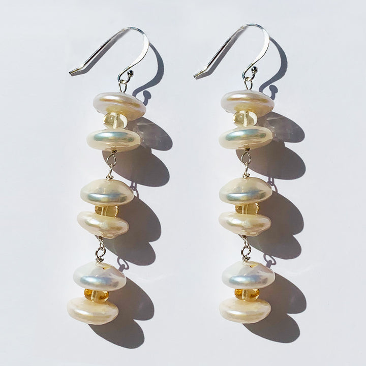 Joyfulmuze Genuine Citrine Pearl Long Earring, Sterling Silver 925 Jewelry, Dangle Drop Elegant Gift for Women