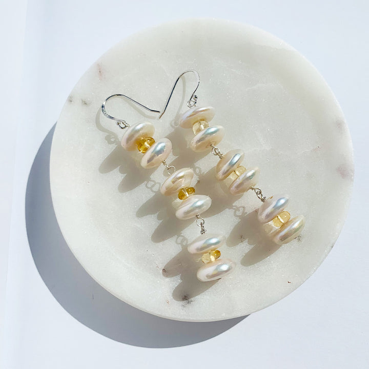 Joyfulmuze Genuine Citrine Pearl Long Earring, Sterling Silver 925 Jewelry, Dangle Drop Elegant Gift for Women