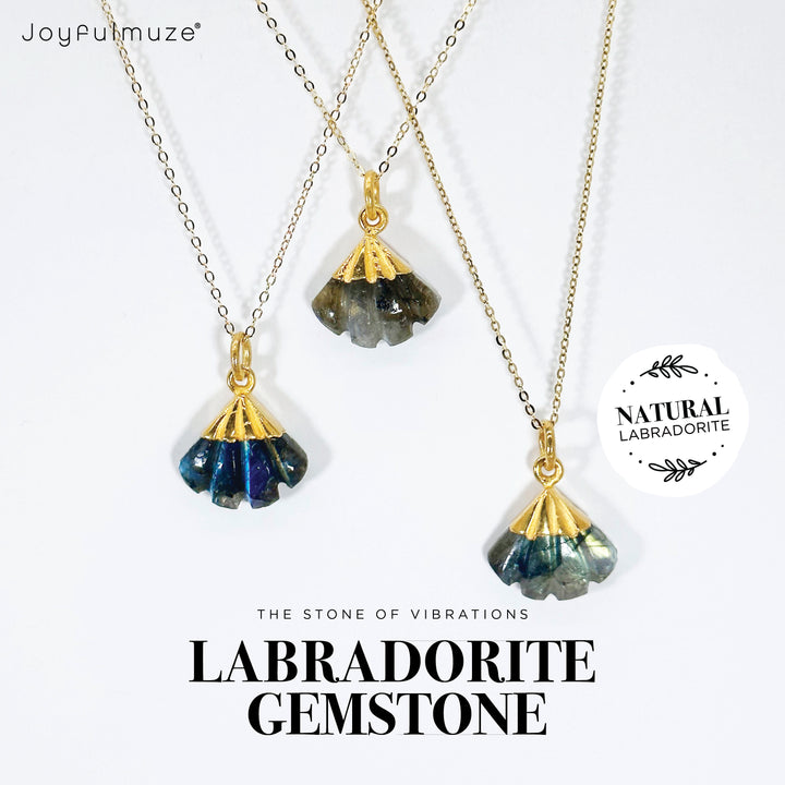 Joyfulmuze Labradorite Hand Carved Natural Chakra Healing Gemstone Grey Green Blue on Gold 18" Chain