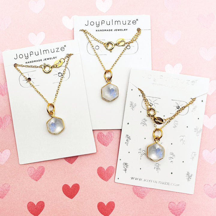 Joyfulmuze 925 Sterling Silver 18K Gold Plated Natural Moonstone Necklace - 14mm White Iridescent Round Gemstone Pendant, June Gemini Birthstone Birthday Present - Unique Handmade Artisan Jewelry, Modern Style Gift for Women