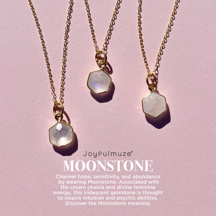 Joyfulmuze 925 Sterling Silver 18K Gold Plated Natural Moonstone Necklace - 14mm White Iridescent Round Gemstone Pendant, June Gemini Birthstone Birthday Present - Unique Handmade Artisan Jewelry, Modern Style Gift for Women