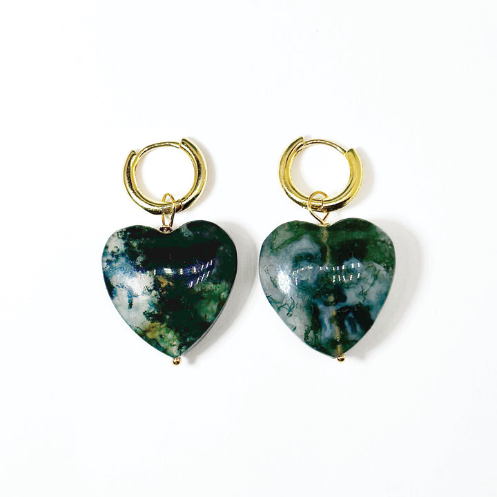 Moss Agate Heart Hoops