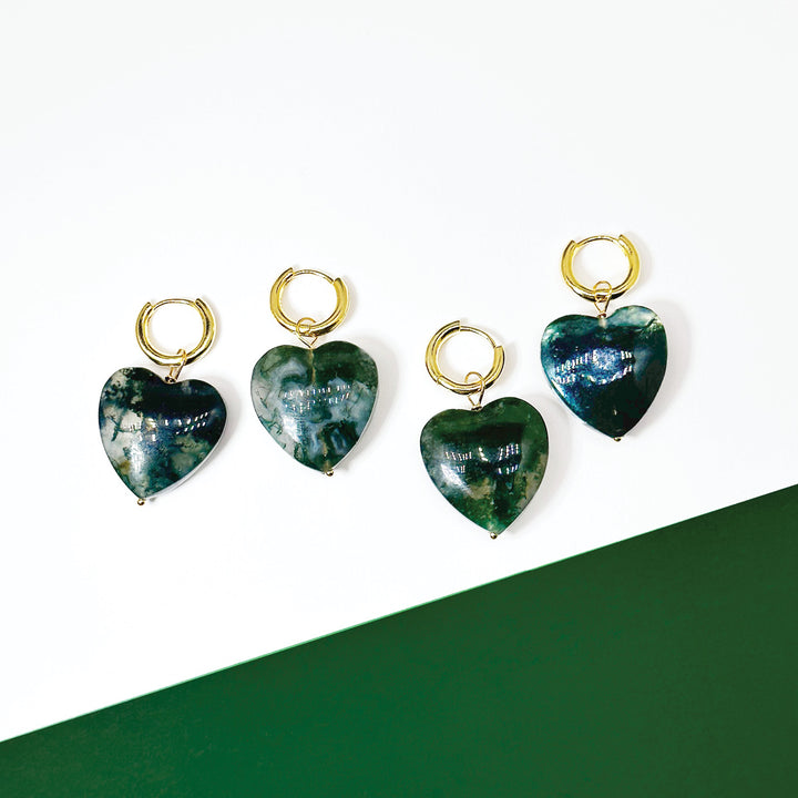 Moss Agate Heart Hoops