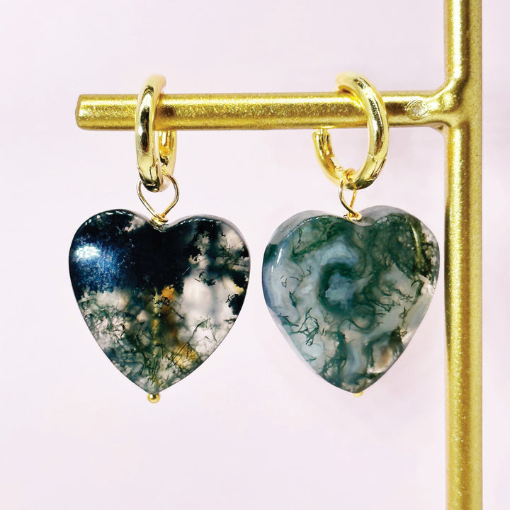 Moss Agate Heart Hoops
