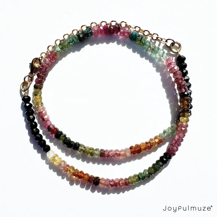 Joyfulmuze Watermelon Tourmaline Rainbow Necklace, Natural Colorful Gemstone Handmade Healing Jewelry, Two Row Bracelet, Valentine and Mothers Day Women's Jewelry Gift (Rainbow-Tourmaline-Brass)