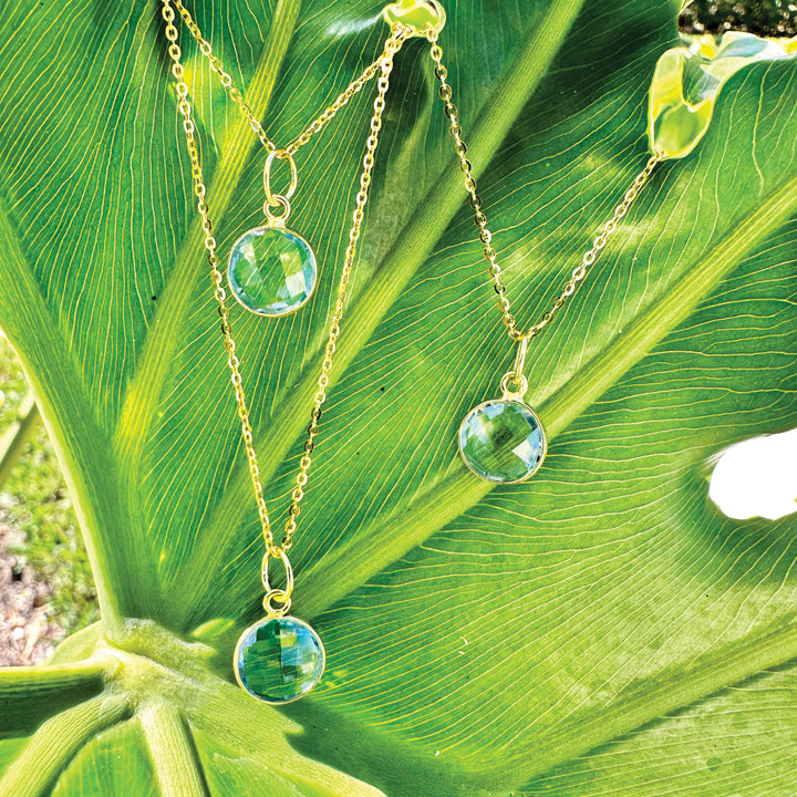 london blue topaz necklace on a leaf
