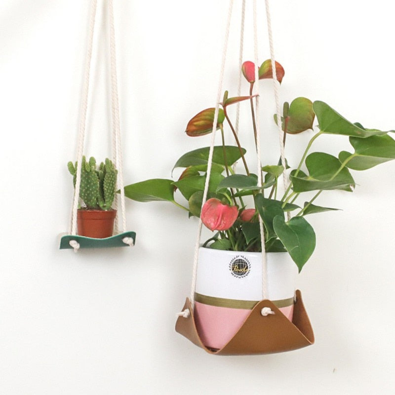 leather hanging plant holder Leather Hammock Macramé for Plant Boho Home – joyfulmuze