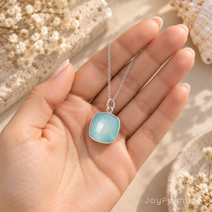 Aqua Blue Chalcedony Sterling Silver Necklace