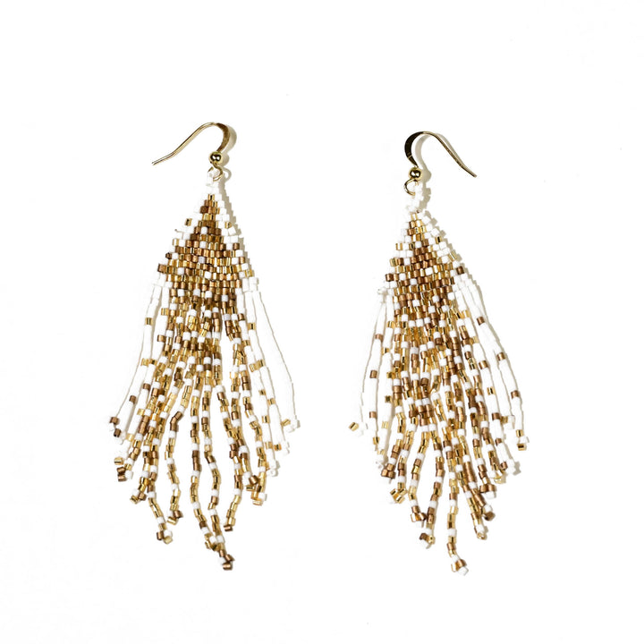 Beaded Bohemian Earrings in White and Gold