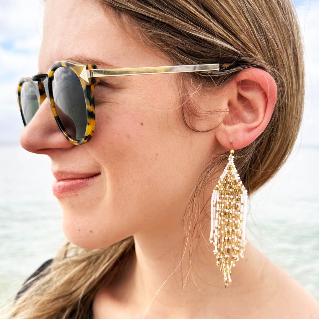 Dangle Earrings for Women - Handmade Boutique Earrings with White, Gold, and Two-Tone Teal Beads - Trendy Fall Fashion