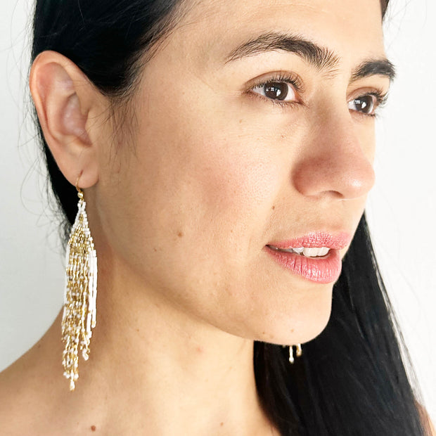 Beaded Bohemian Earrings in White and Gold