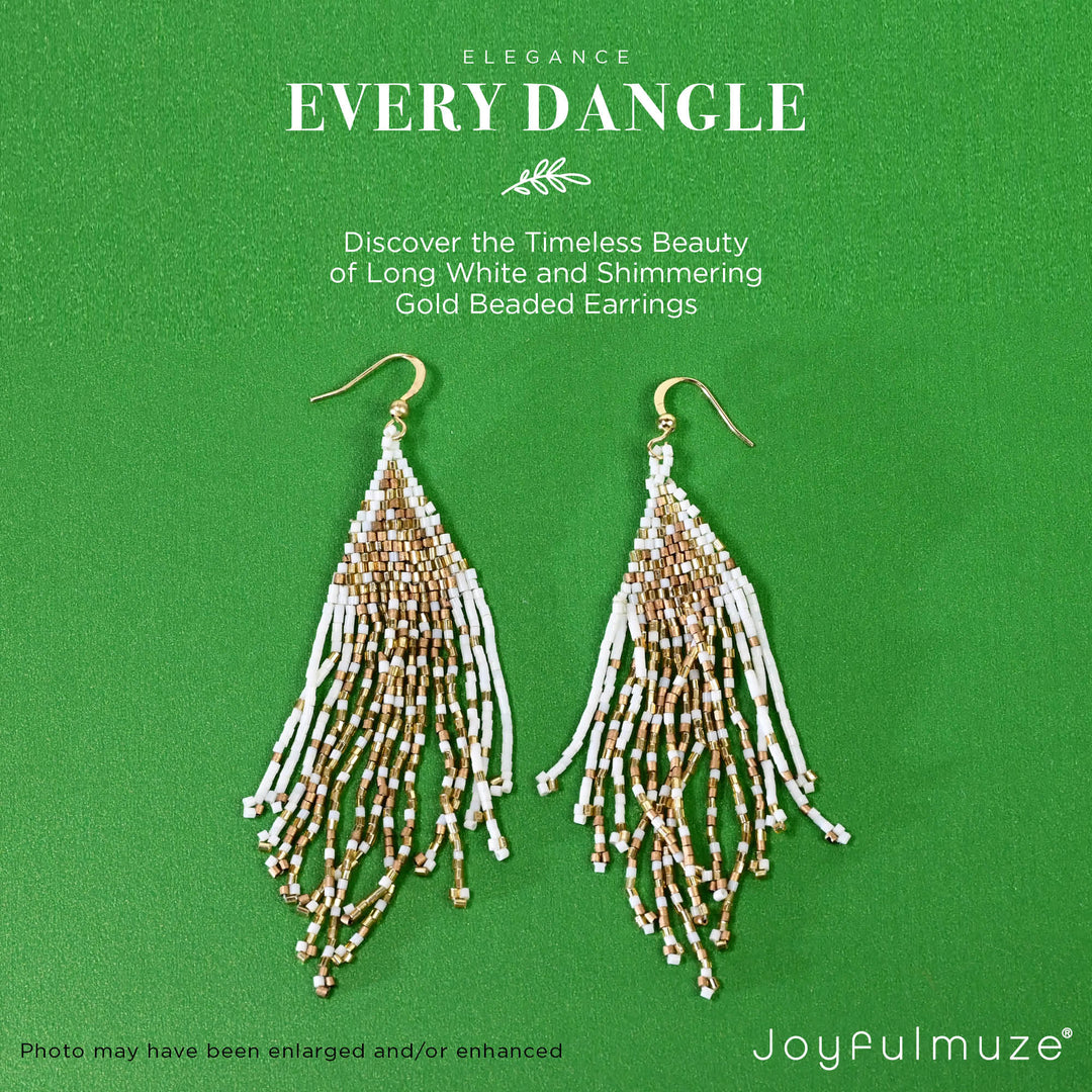 Beaded Bohemian Earrings in White and Gold