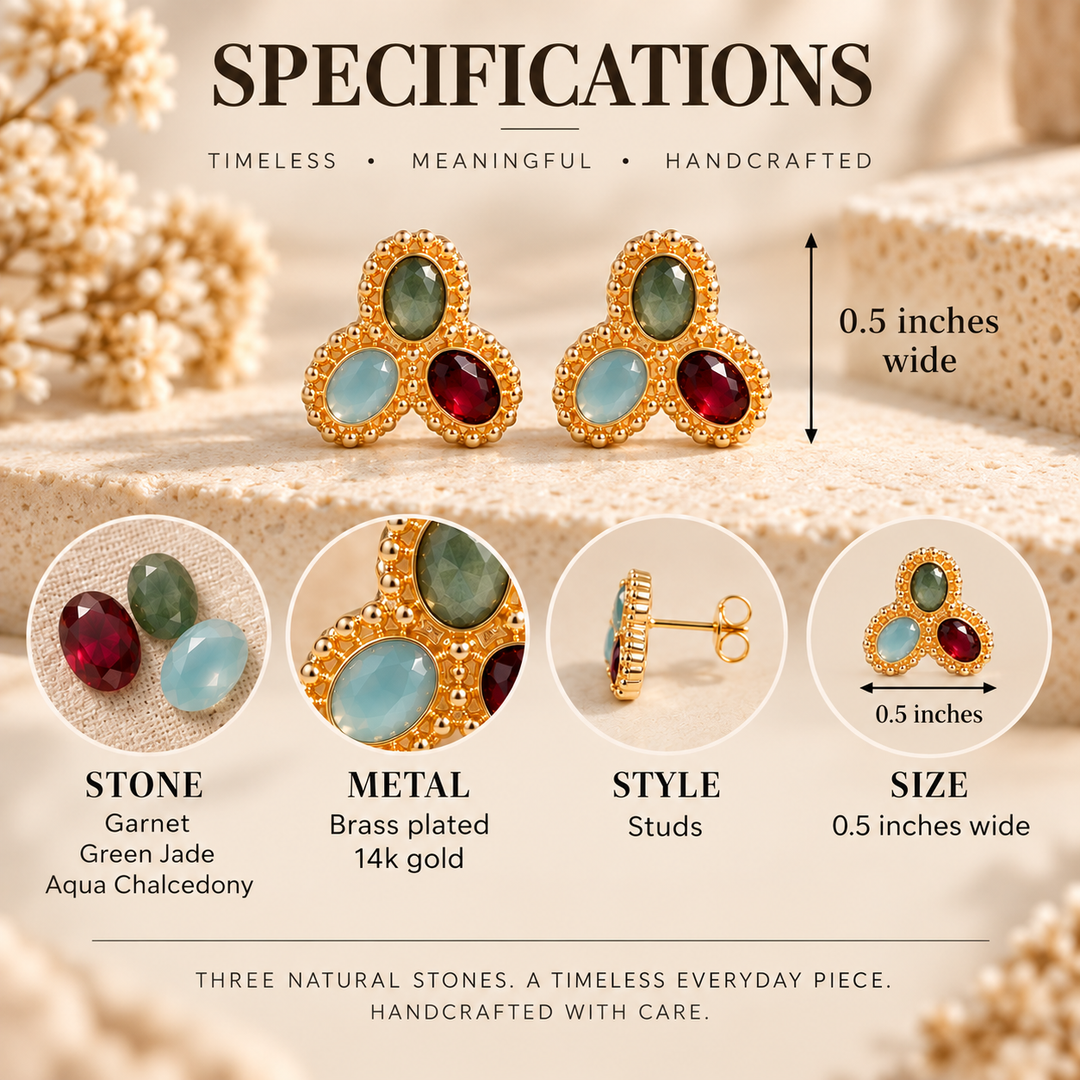 Garnet, Green Jade & Aqua Chalcedony Stud Earrings