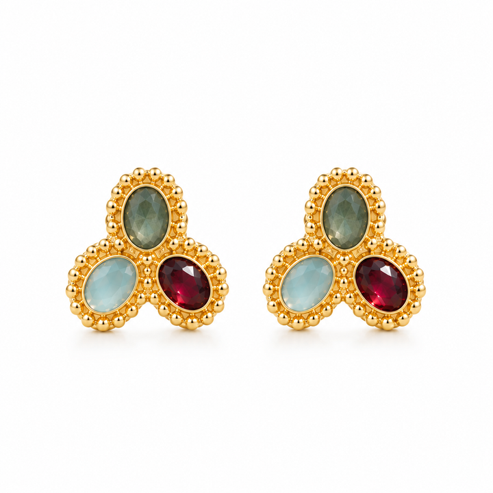 Garnet, Green Jade & Aqua Chalcedony Stud Earrings