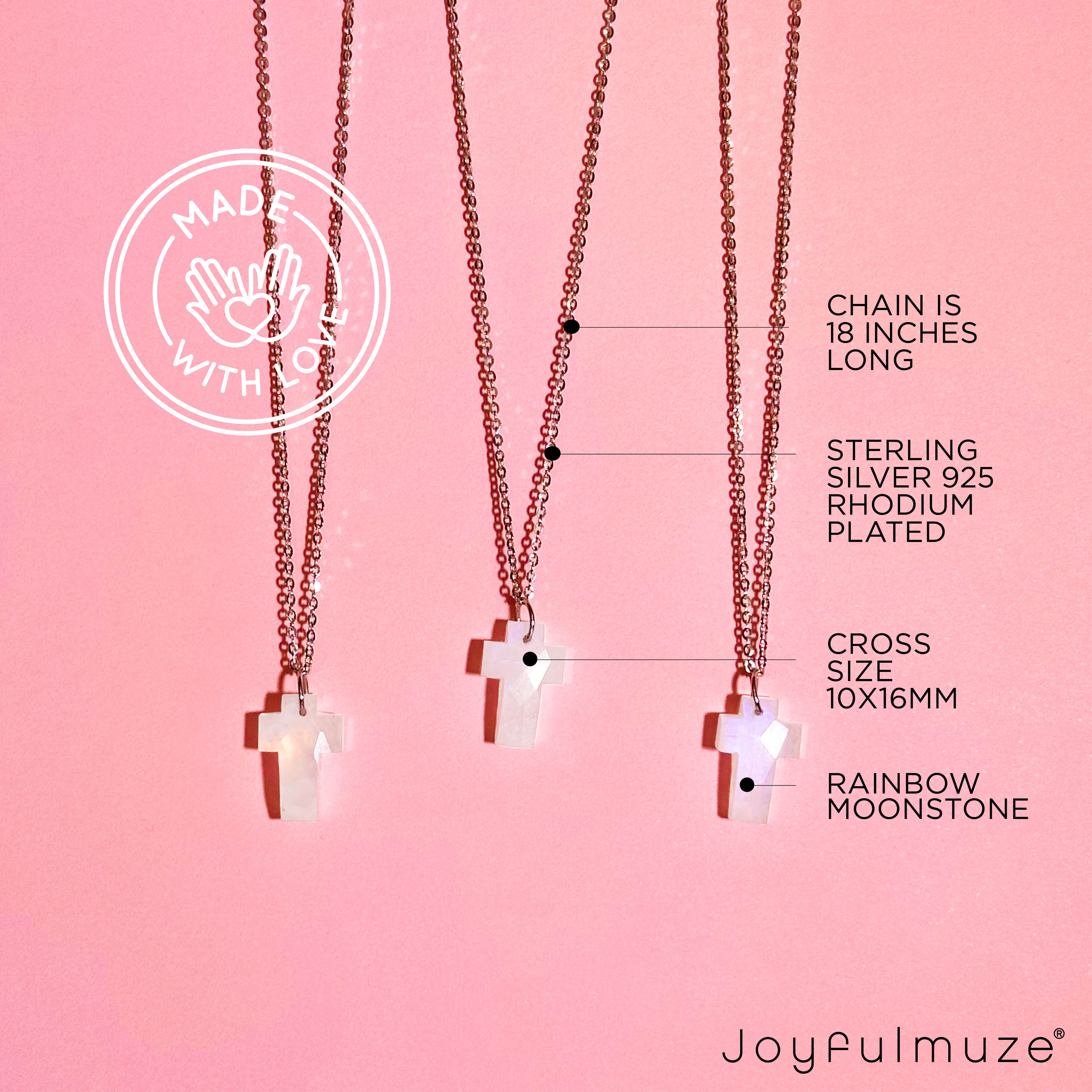 Rainbow Moonstone Cross Handmade Sterling Silver Necklace by
