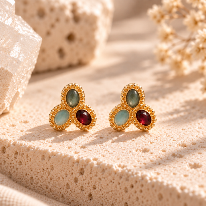 Garnet, Green Jade & Aqua Chalcedony Stud Earrings