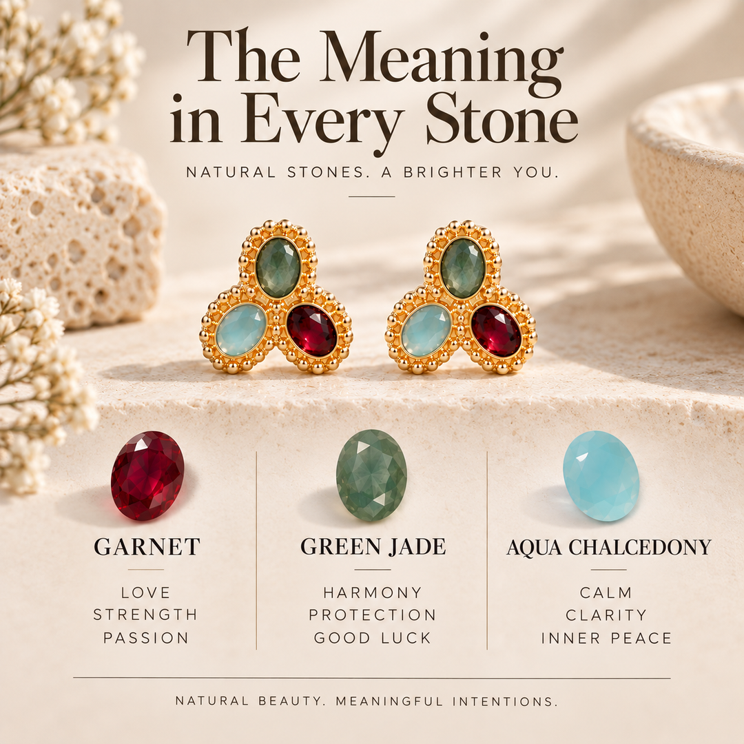 Garnet, Green Jade & Aqua Chalcedony Stud Earrings