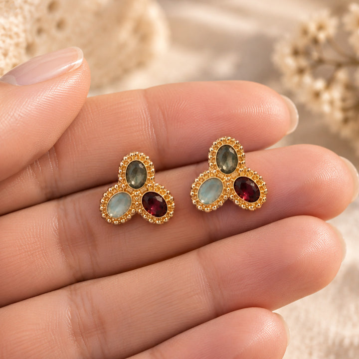 Garnet, Green Jade & Aqua Chalcedony Stud Earrings