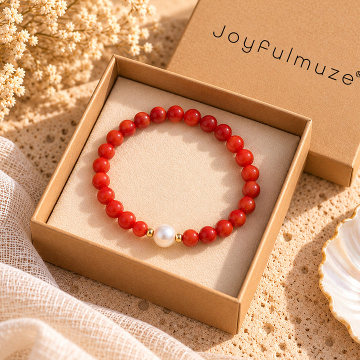 Red Coral & Freshwater Pearl Stretch Bracelet