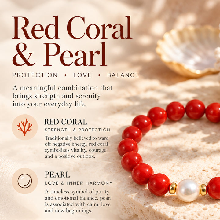 Red Coral & Freshwater Pearl Stretch Bracelet