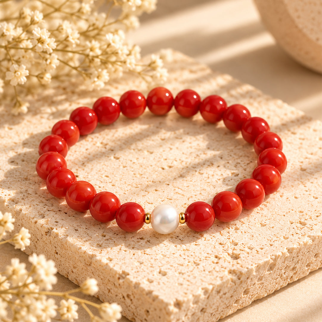 Red Coral & Freshwater Pearl Stretch Bracelet