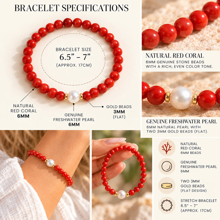 Red Coral & Freshwater Pearl Stretch Bracelet