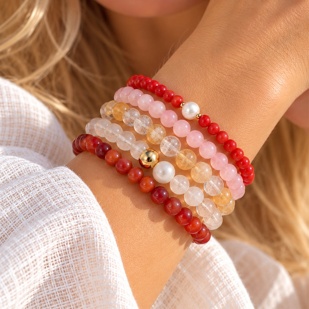 Red Coral & Freshwater Pearl Stretch Bracelet