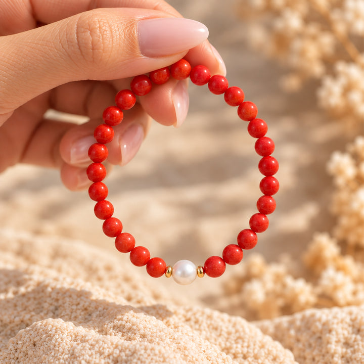 Red Coral & Freshwater Pearl Stretch Bracelet