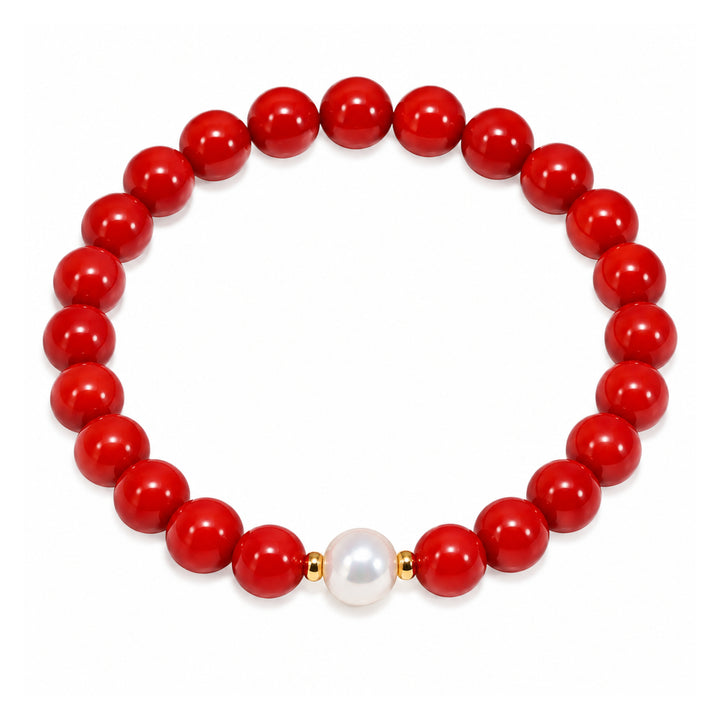 Red Coral & Freshwater Pearl Stretch Bracelet