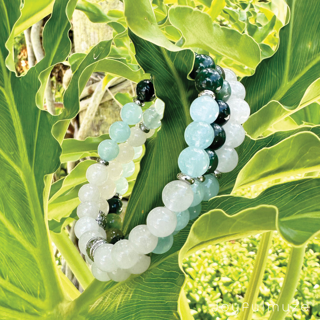 White Marble, Aquamarine and Moss Agate