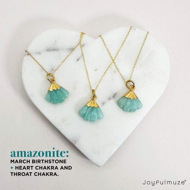 Joyfulmuze Summer Amazonite Hand Carved Natural Chakra Healing Gemstone Team Blue on Gold 18" Chain  