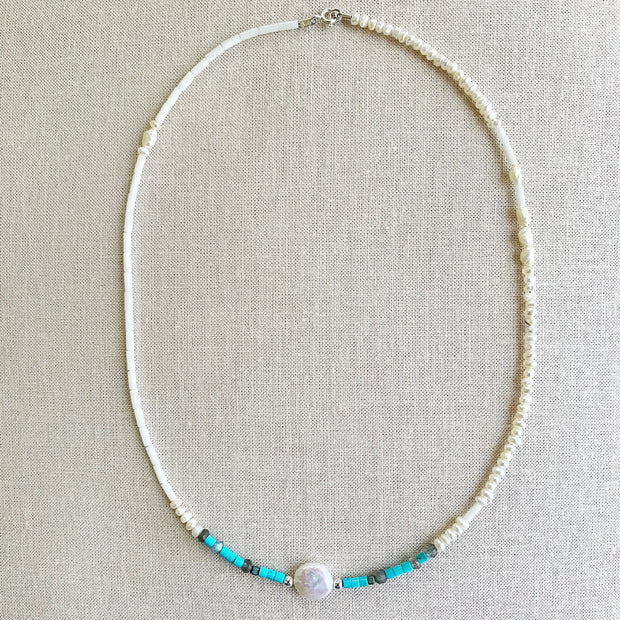 Turquoise, Freshwater Pearls and Coral Necklace